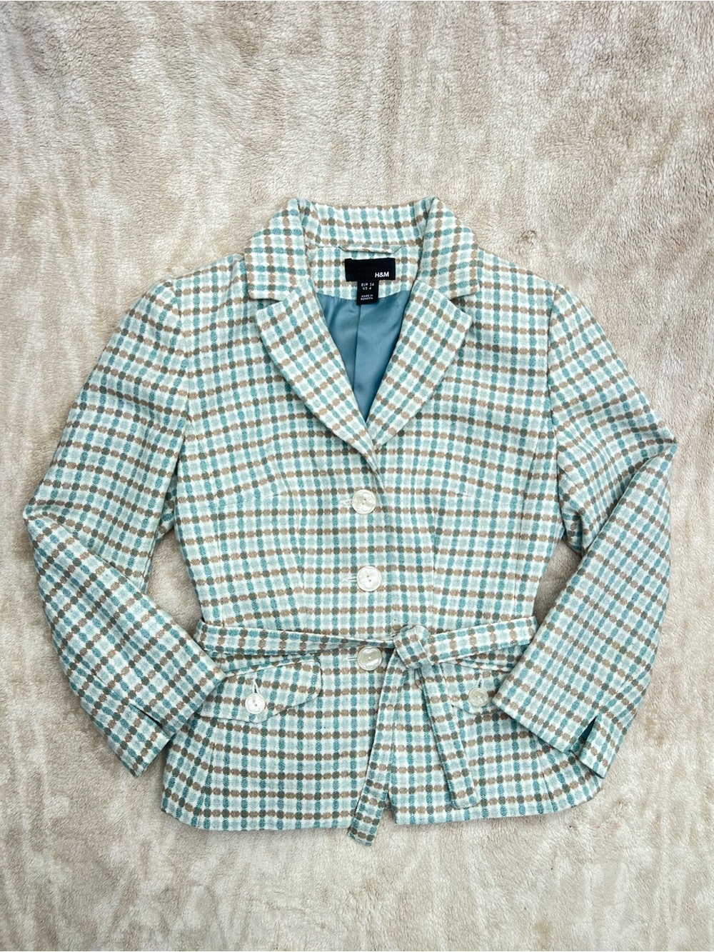 H&M Light Blue & Brown Plaid Belted Blazer Jacket size 4